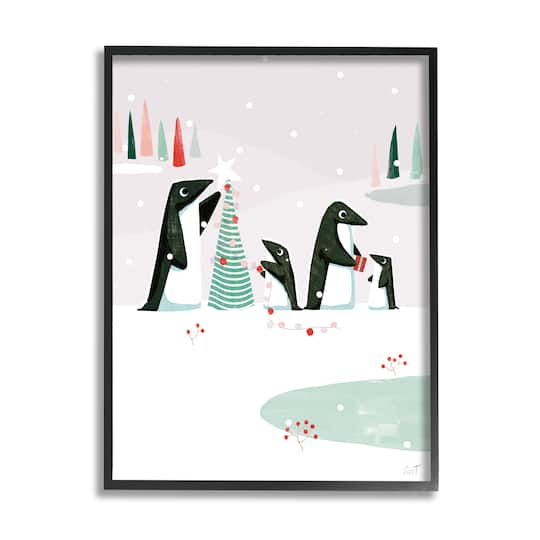 Stupell Industries Penguins Decorating Christmas Tree Framed Giclee Art